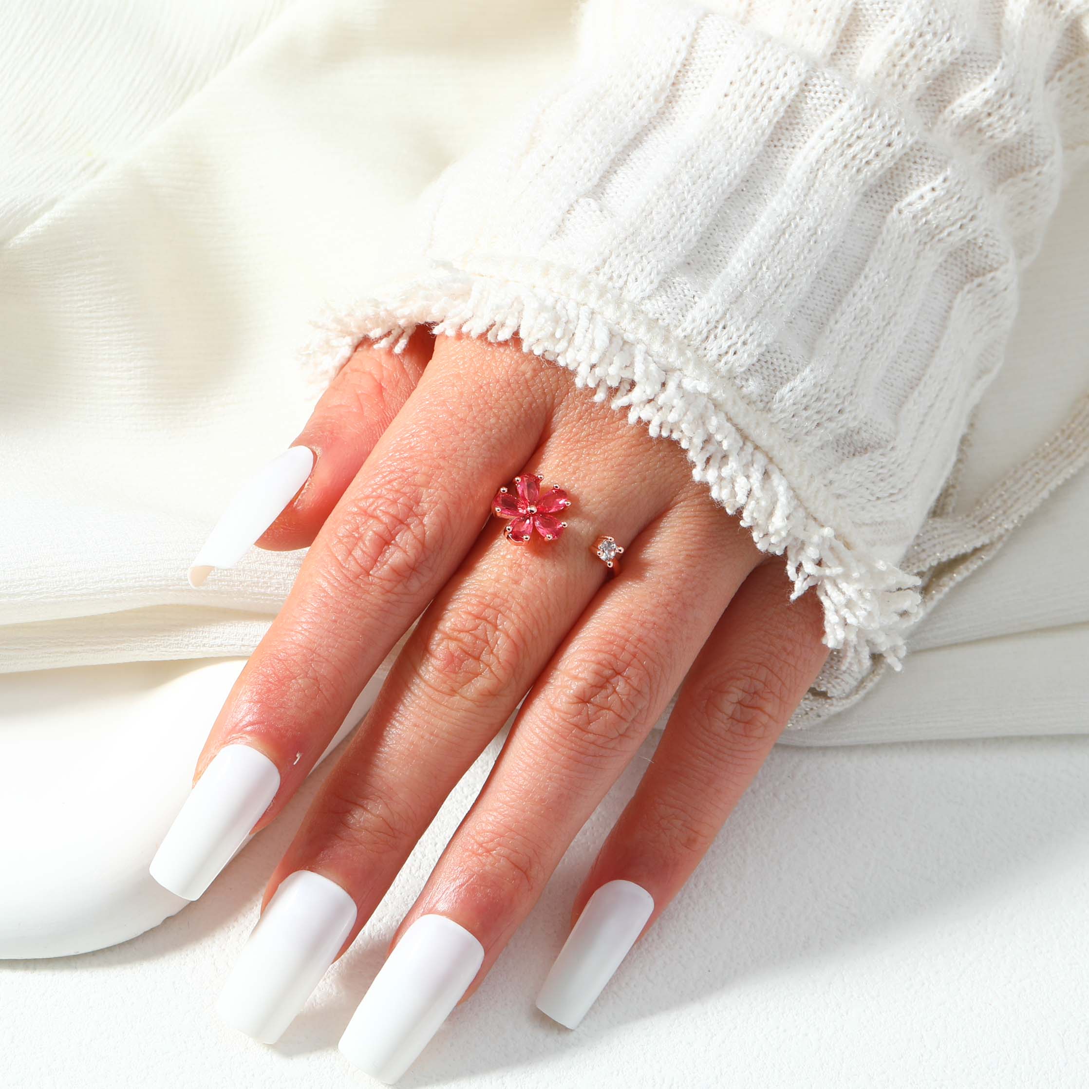 Sparkling Crystal Pink Flower Ring