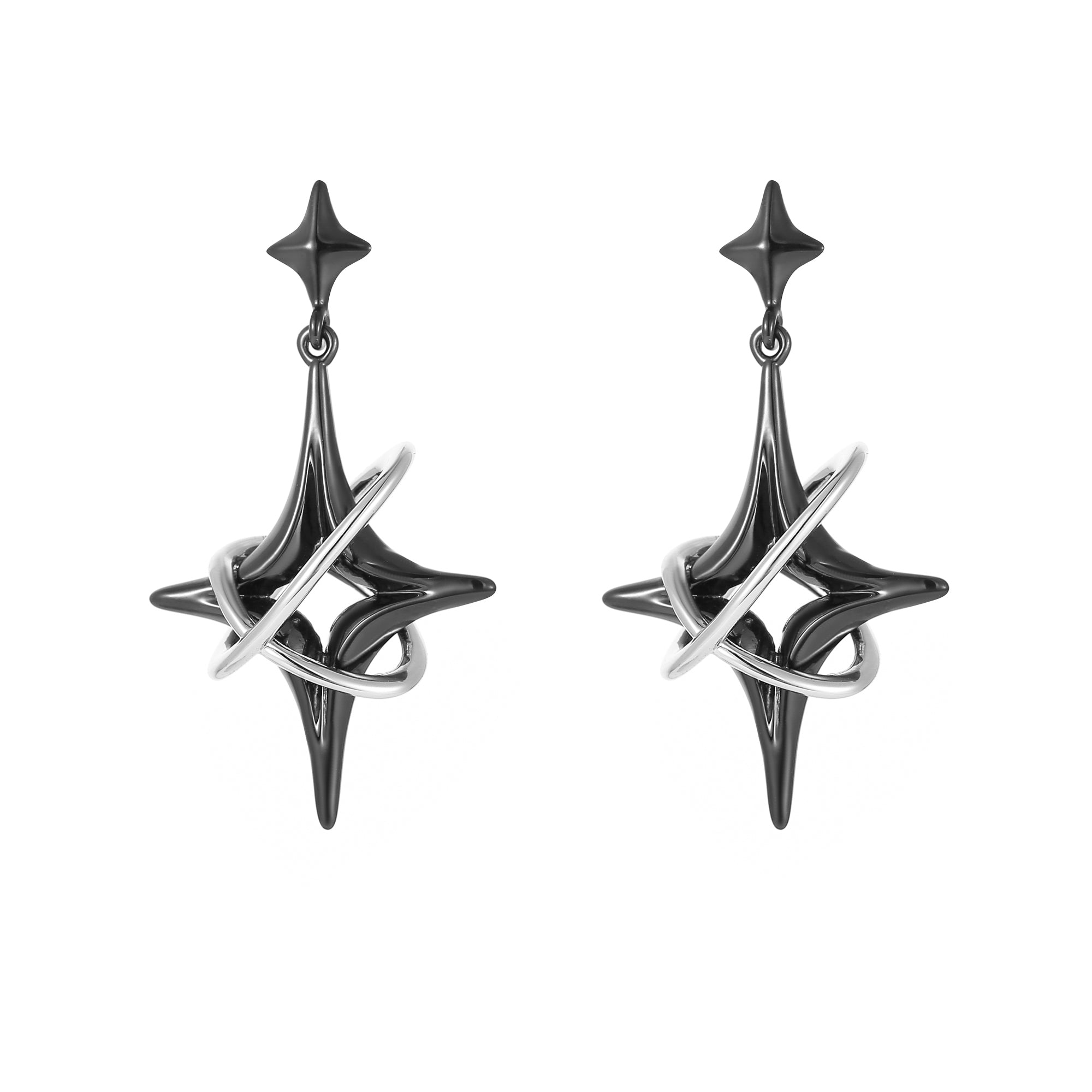 Black orbit earrings – on white background