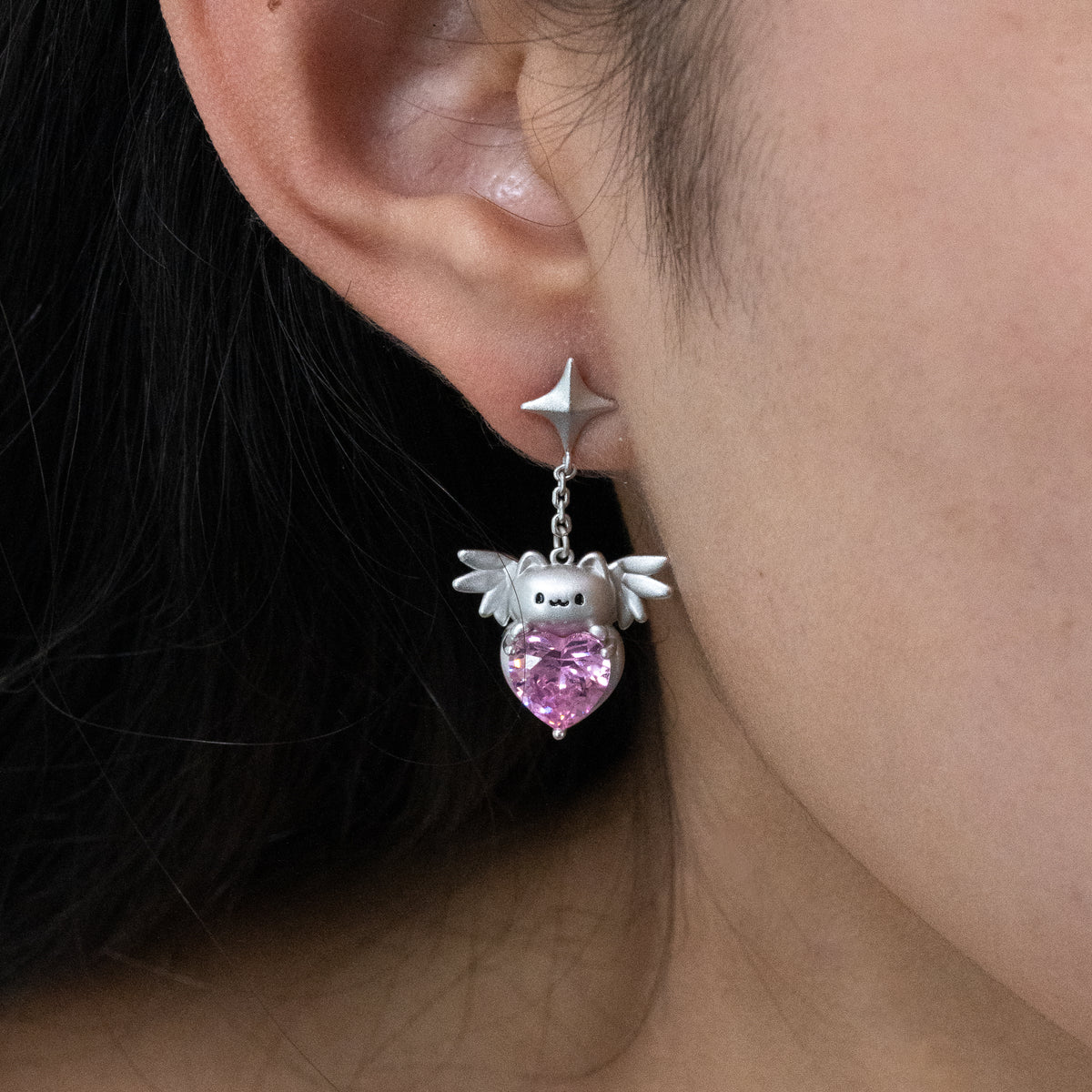 Matte Silver Cat With Wings Earring