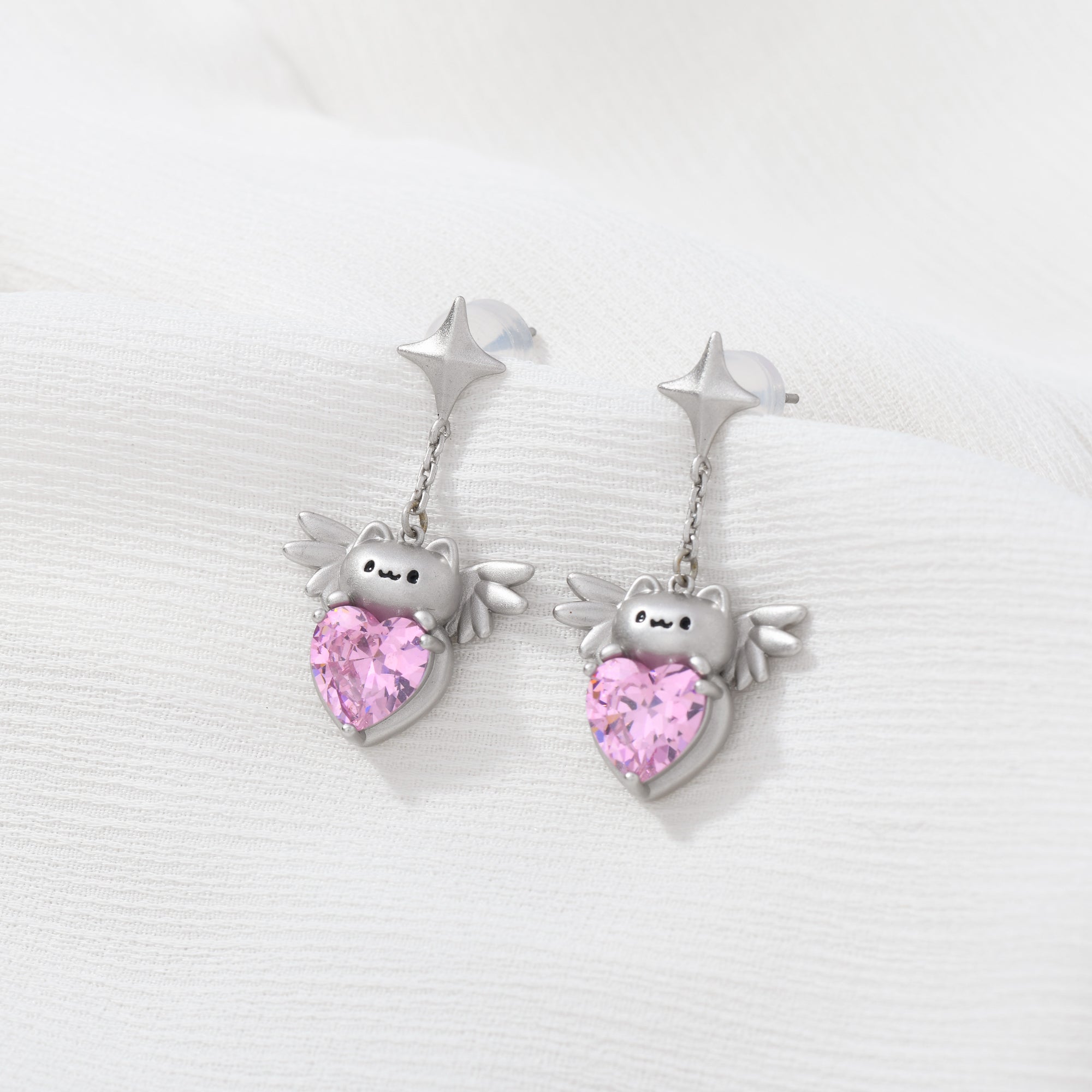 Matte Silver Cat With Wings Earring