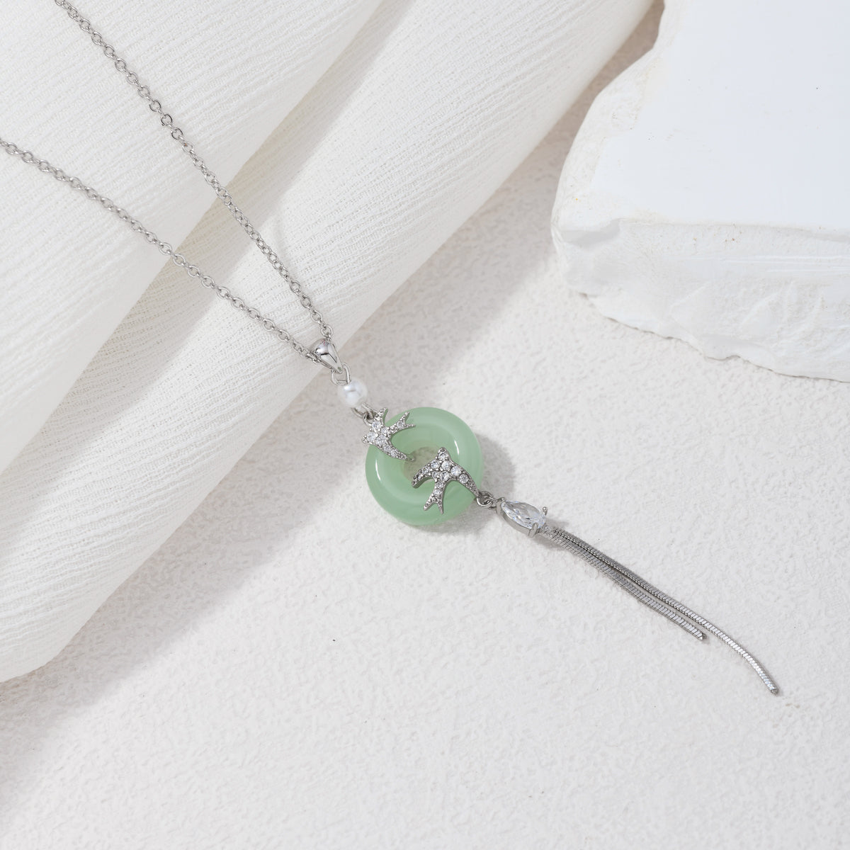 Silver imitation jade bird necklace – alternate angle