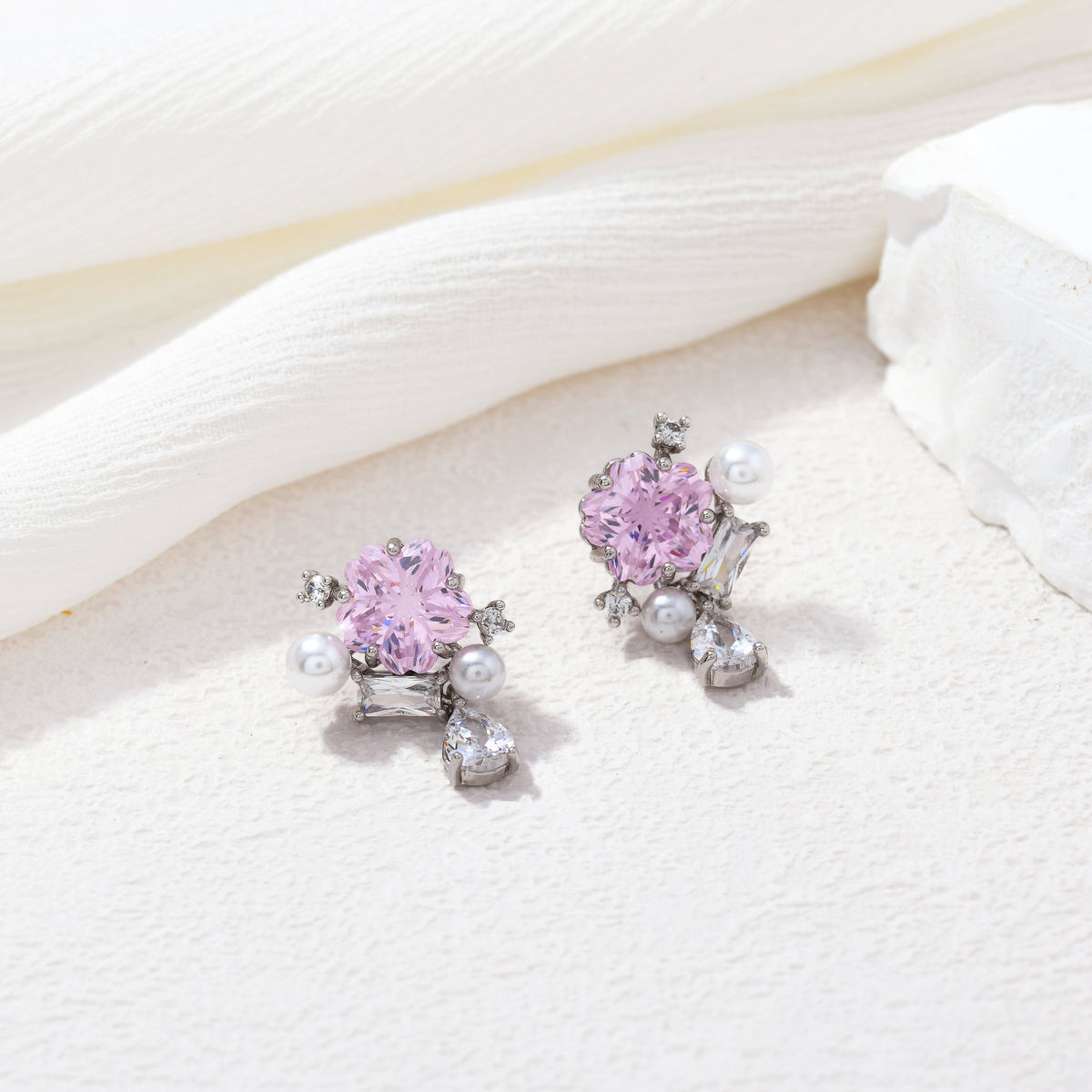 Silver cherry blossom gem studs – alternate angle