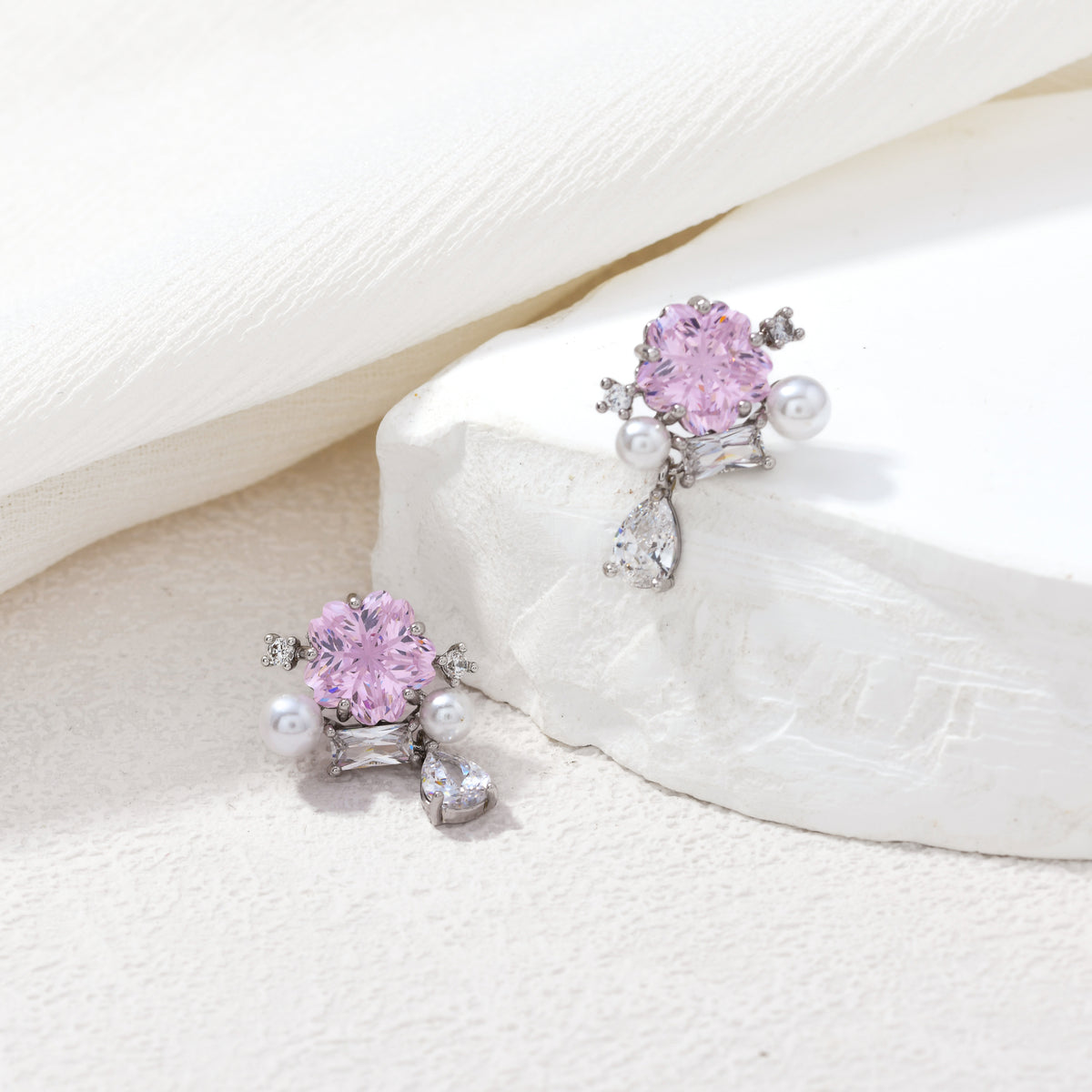 Silver cherry blossom gem studs – alternate angle