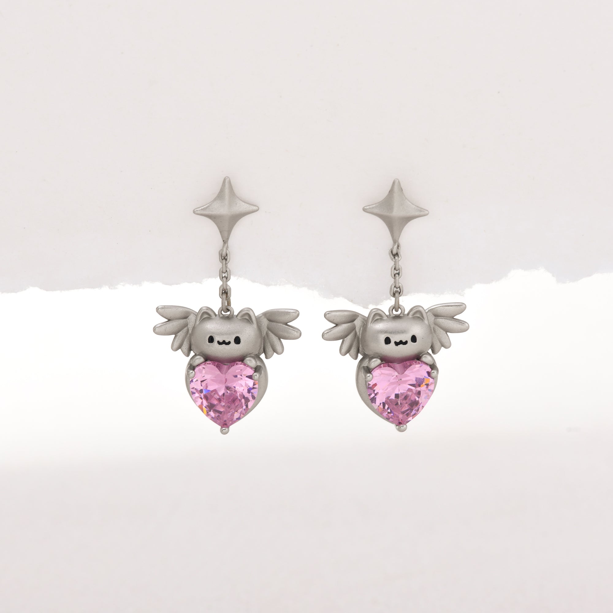 Matte Silver Cat With Wings Earring