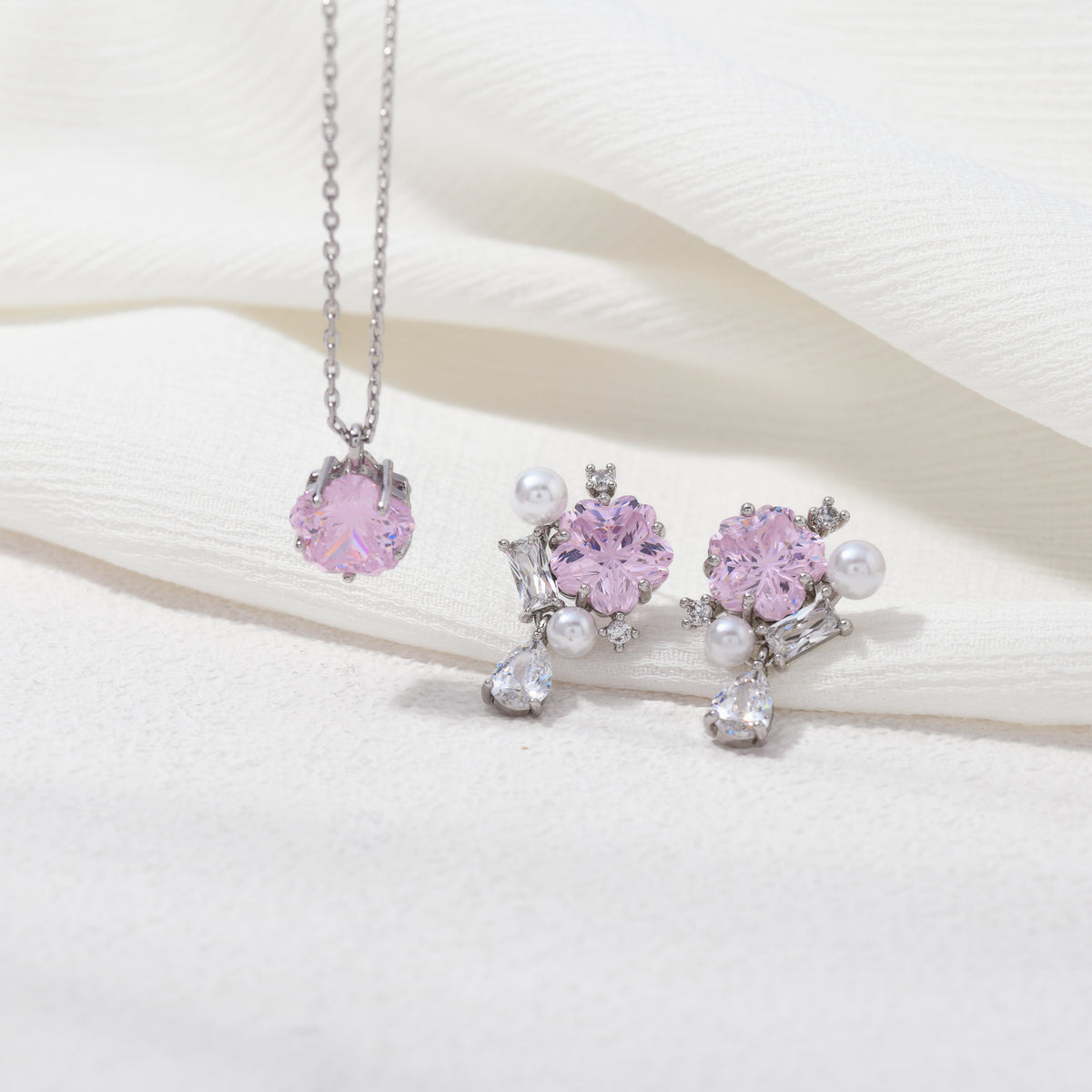 Silver cherry blossom gem necklace – detail view