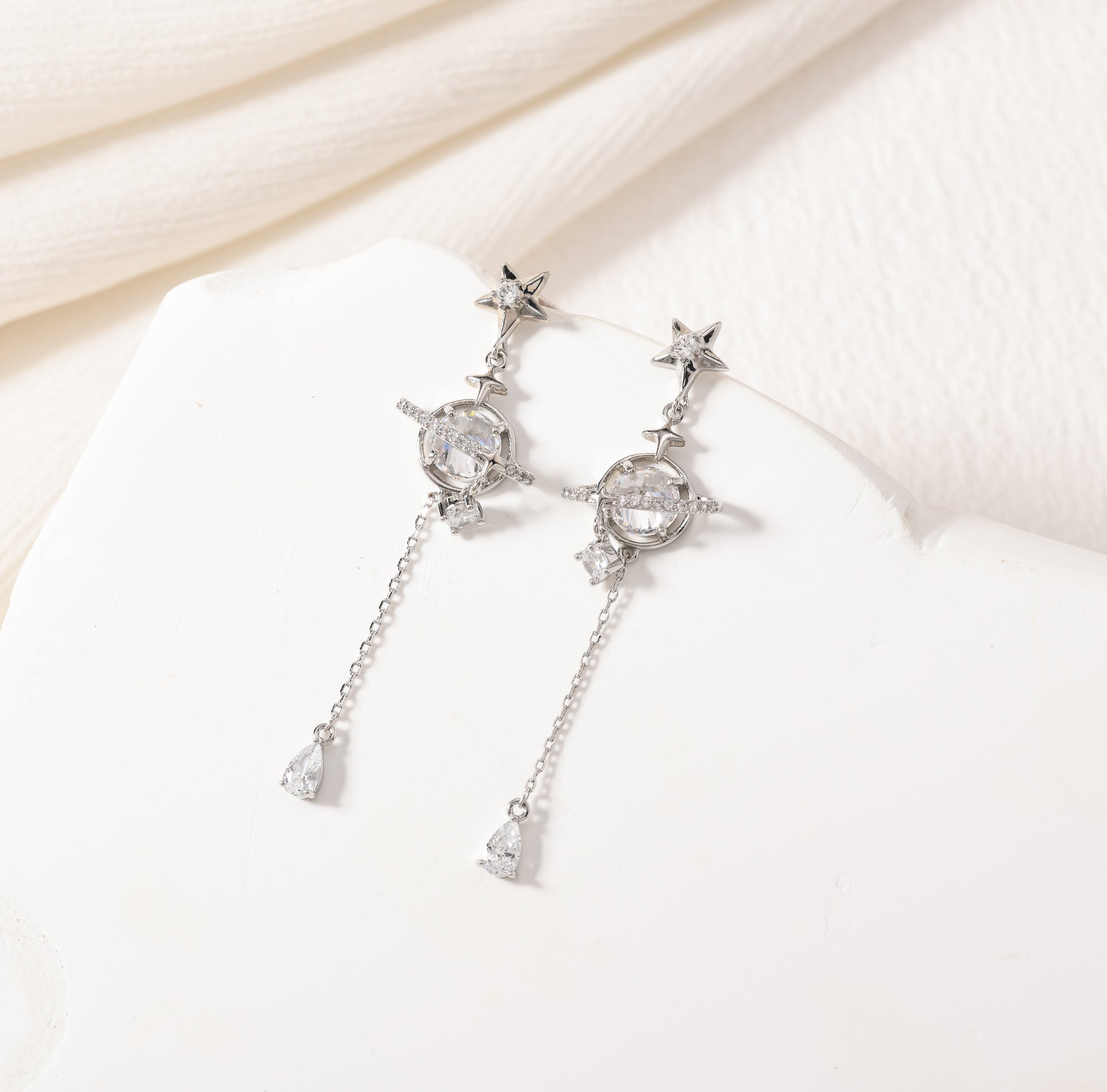 Silver Saturn Drop Earrings
