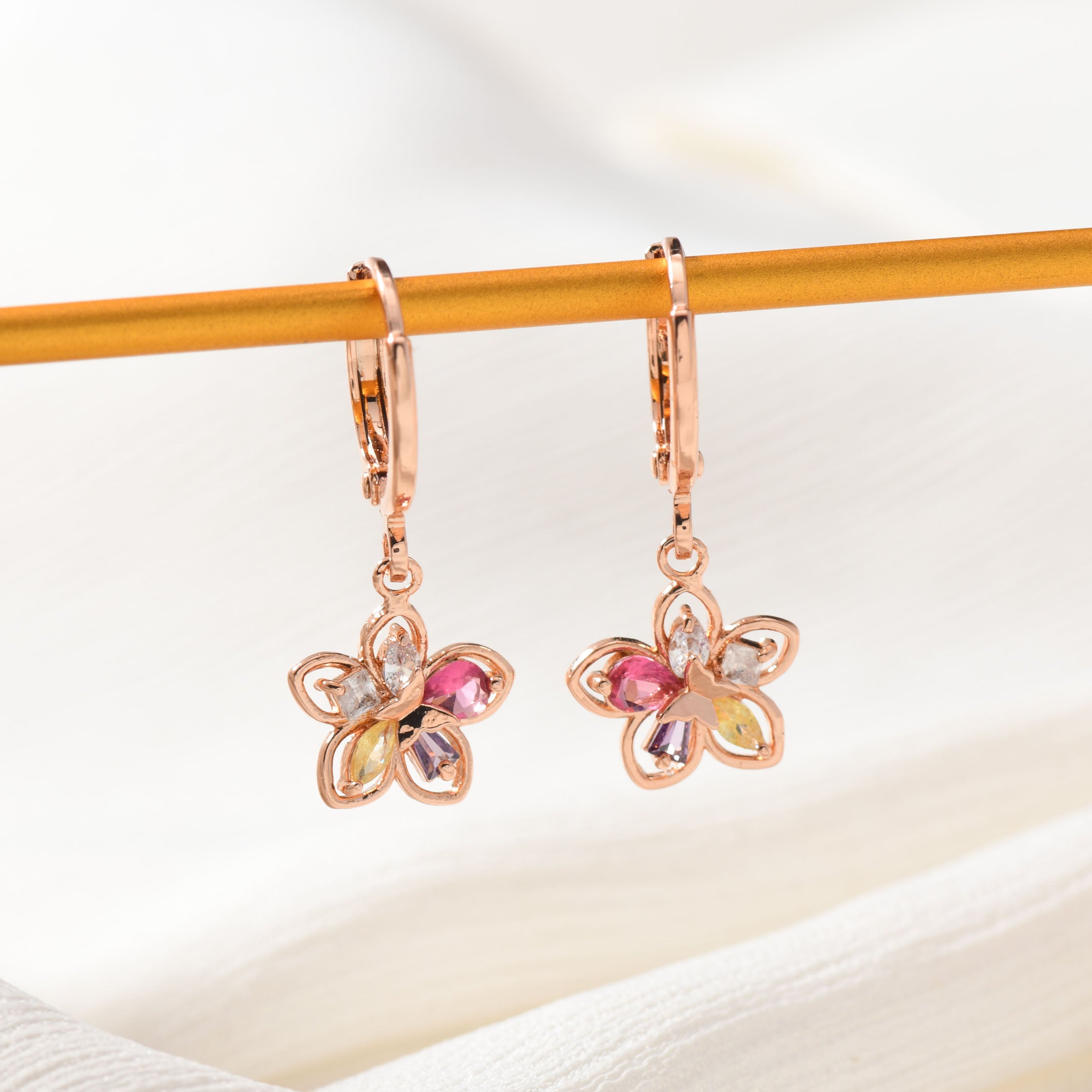 Rose Gold Crystal Flower Hoop Earrings