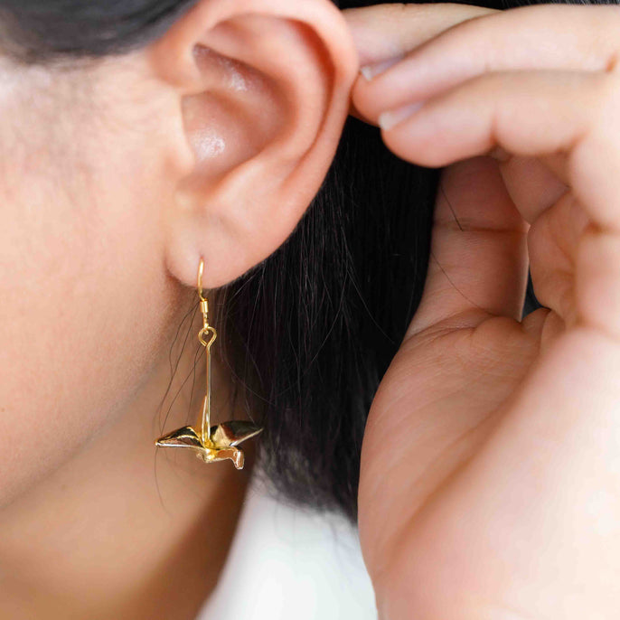 Gold 3D Paper Crane Earrings
