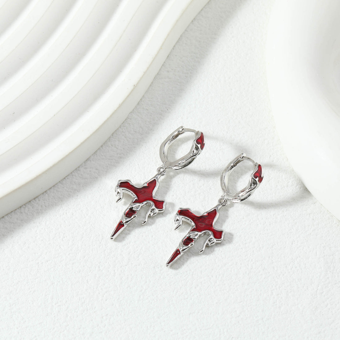 Sliver Red Cross Earring