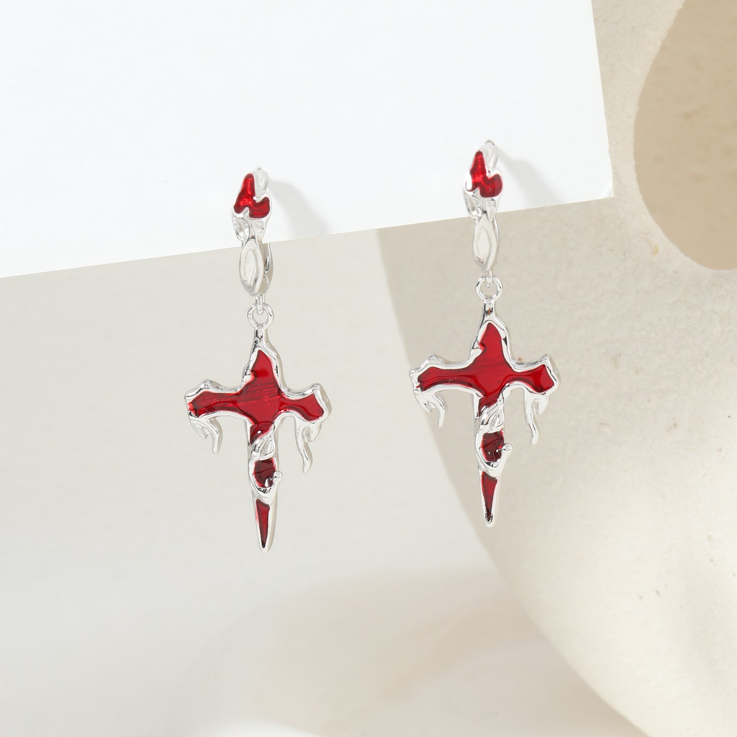 Sliver Red Cross Earring