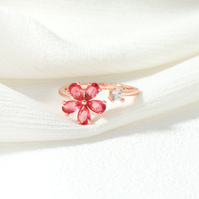 Sparkling Crystal Pink Flower Ring