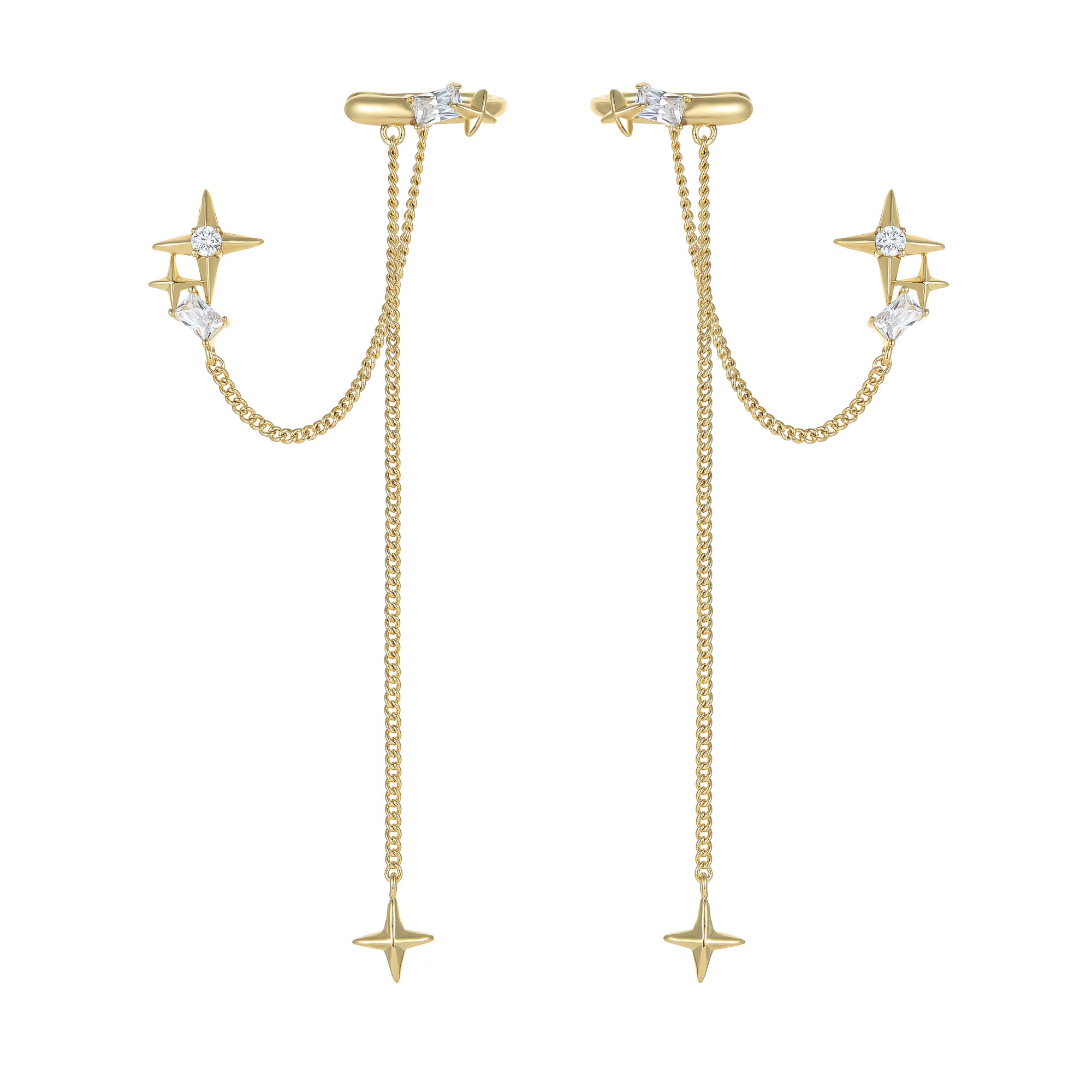Gold celestial chain ear cuff earrings – on white background