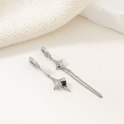 Silver asymmetric 4-point star earrings – alternate angle