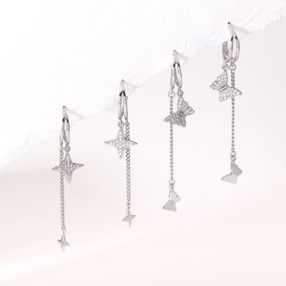 Silver dangling butterfly earrings – alternate angle