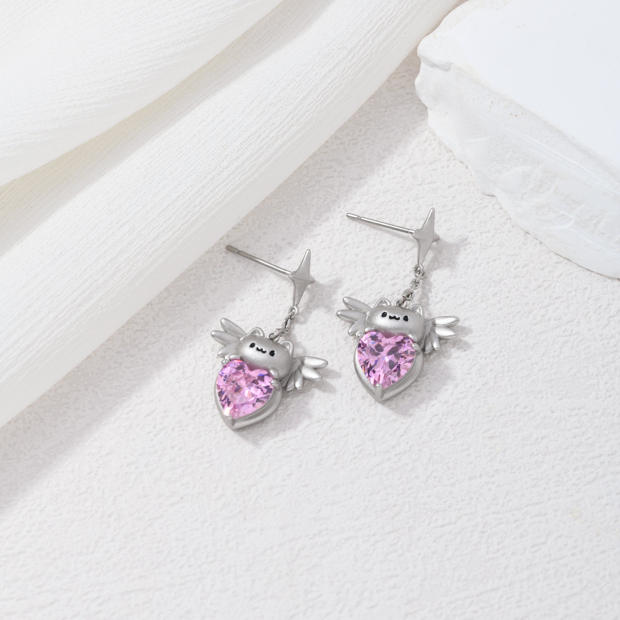 Matte Silver Cat With Wings Earring