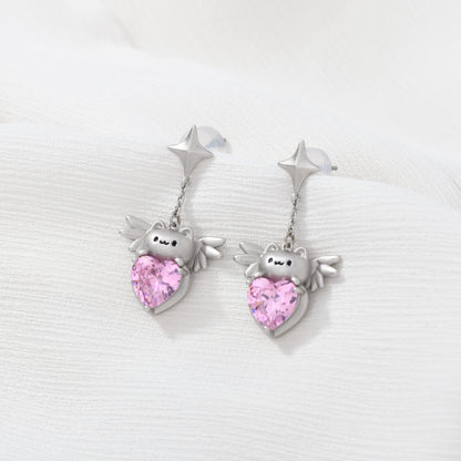 Matte Silver Cat With Wings Earring