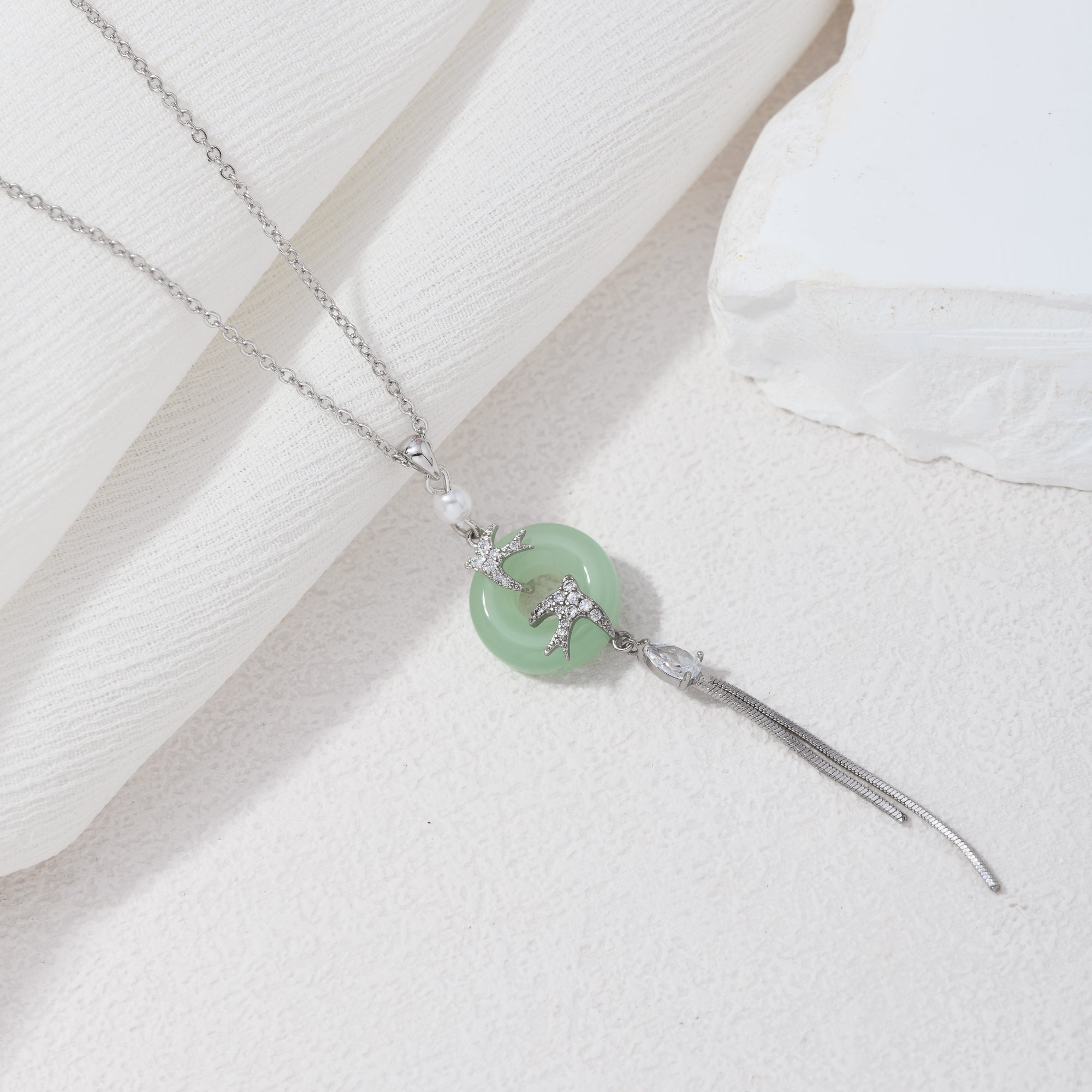 Silver imitation jade bird necklace – alternate angle