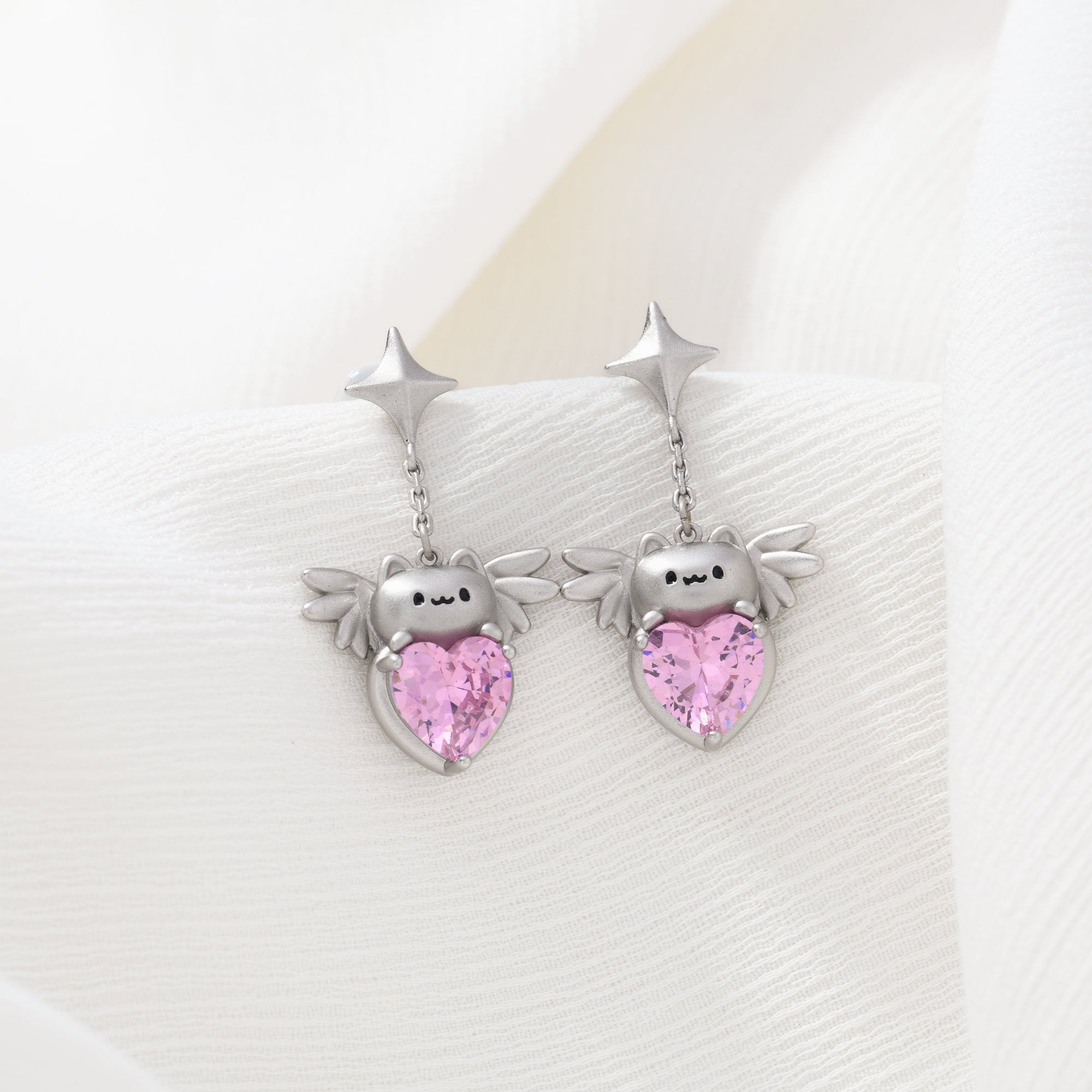 Matte Silver Cat With Wings Earring