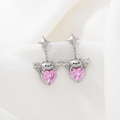 Matte Silver Cat With Wings Earring