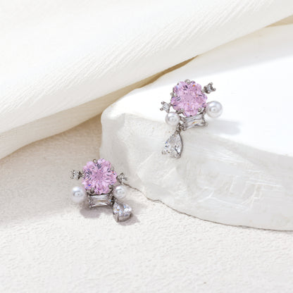 Silver cherry blossom gem studs – alternate angle