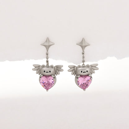 Matte Silver Cat With Wings Earring