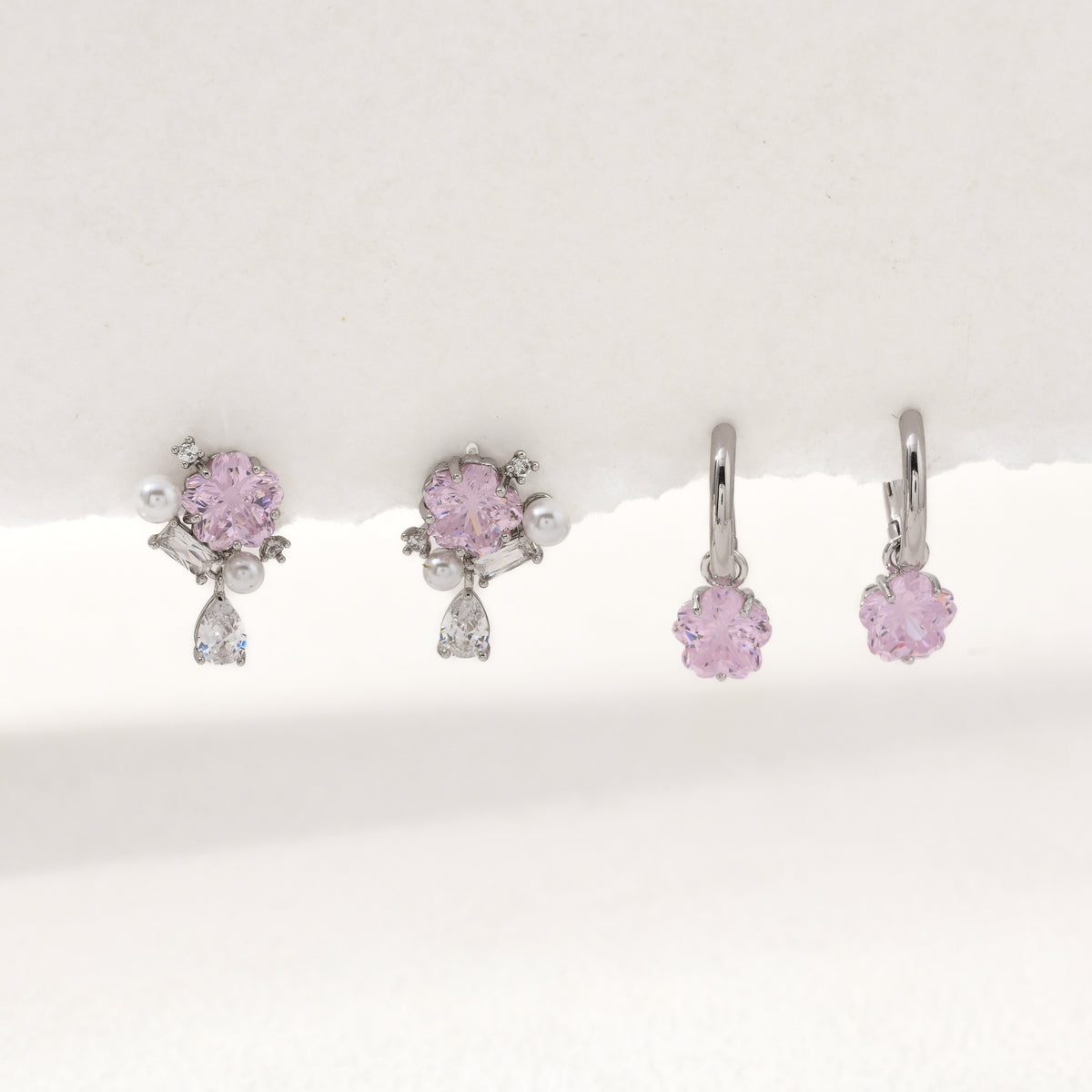 Silver cherry blossom gem hoops – detail view