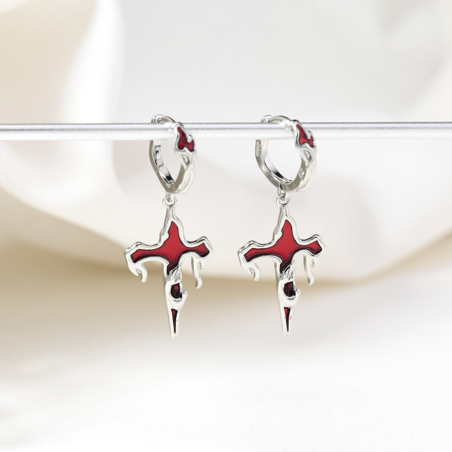 Sliver Red Cross Earring