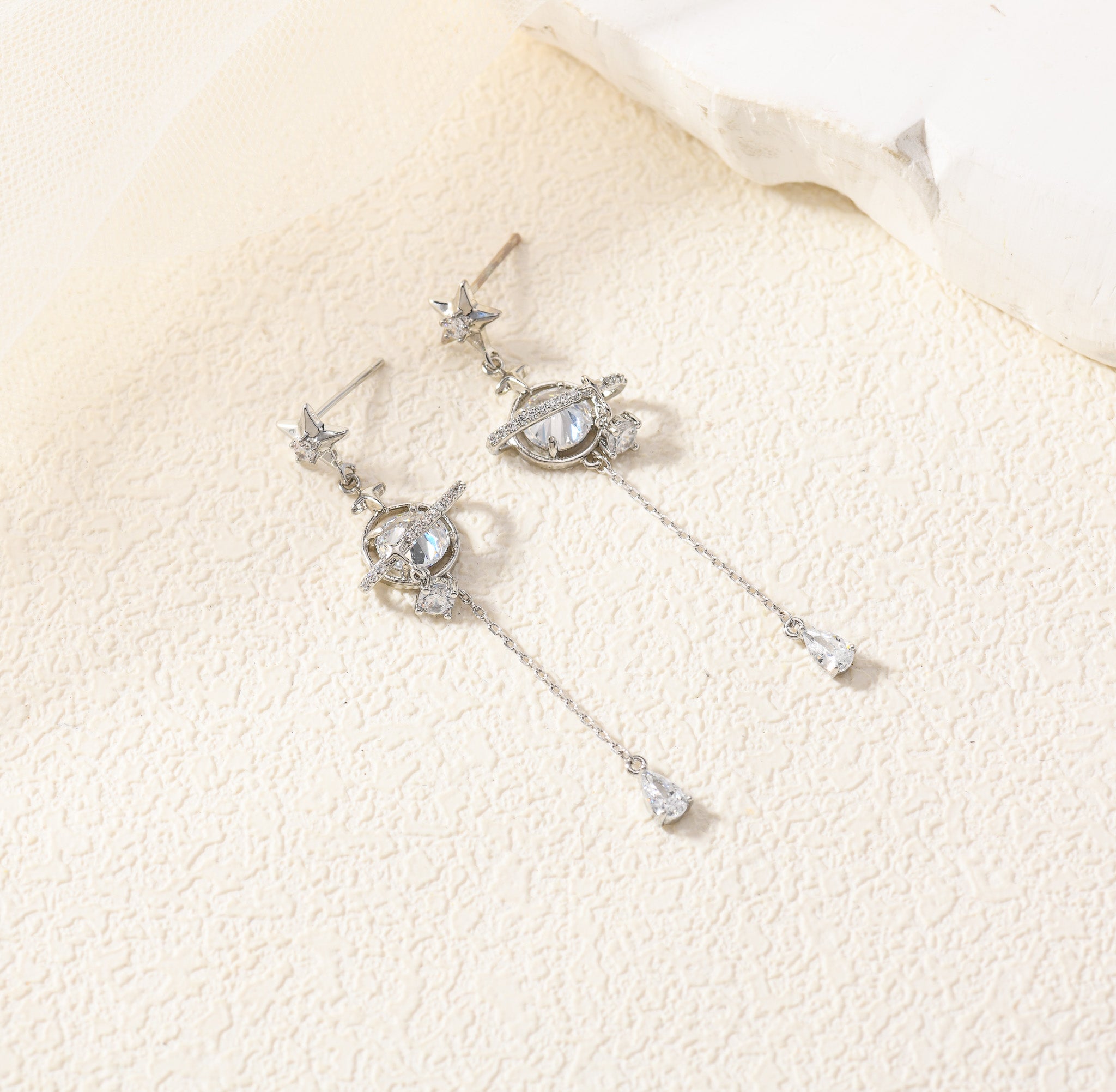 Silver Saturn Drop Earrings