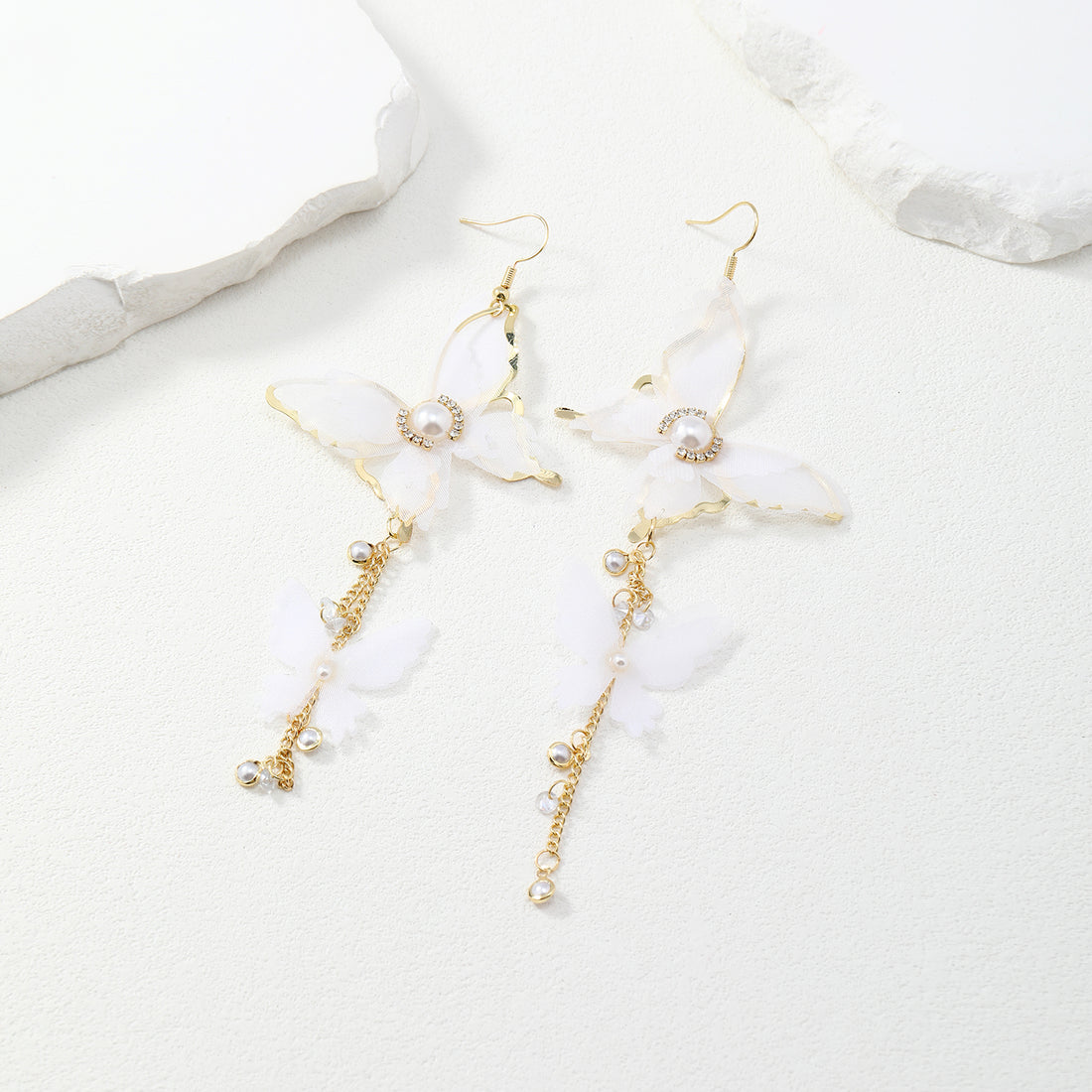 White Dangling Butterfly Earrings