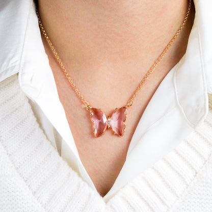 Light Pink Crystal Butterfly Necklace/Ring