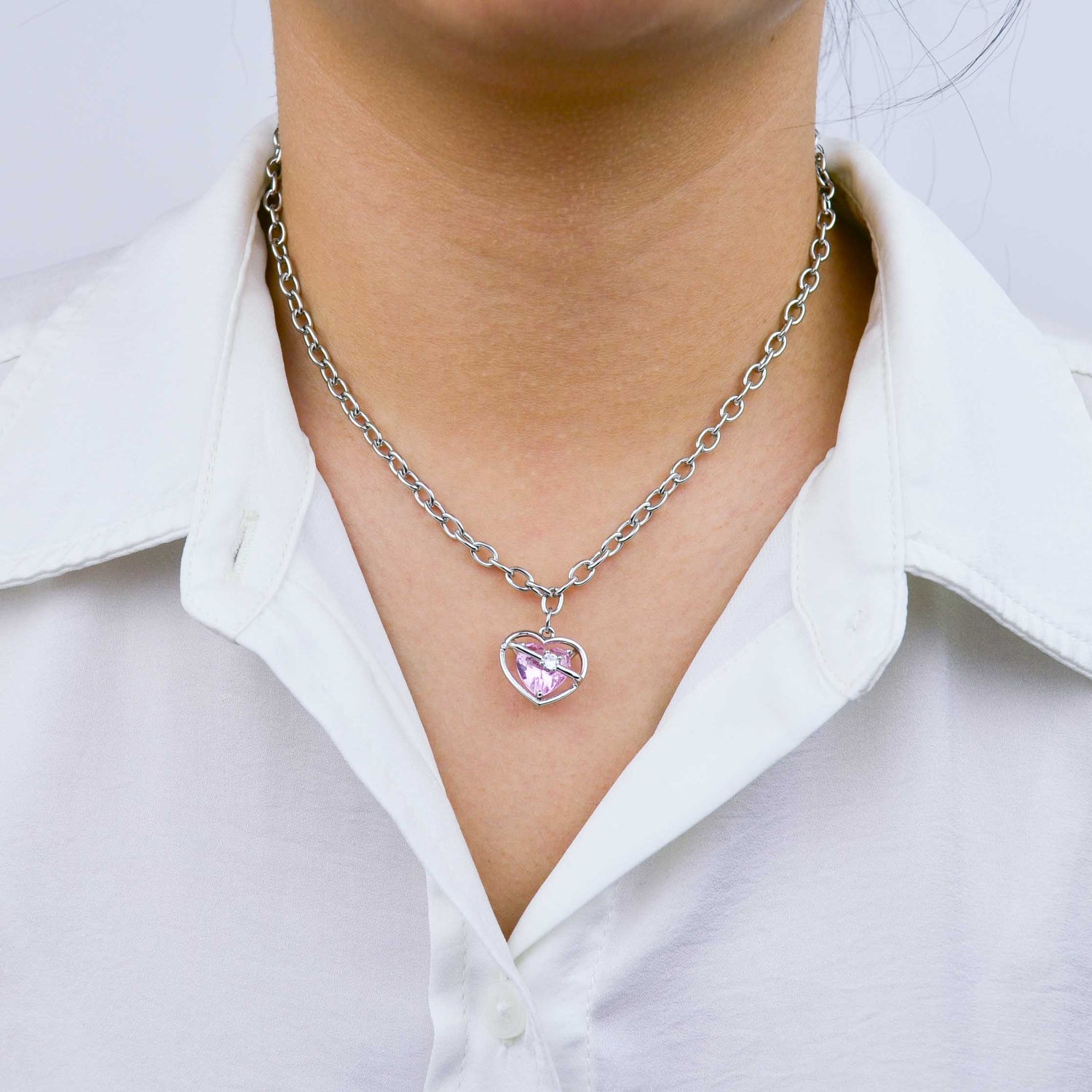 Pink Heart Silver Necklace