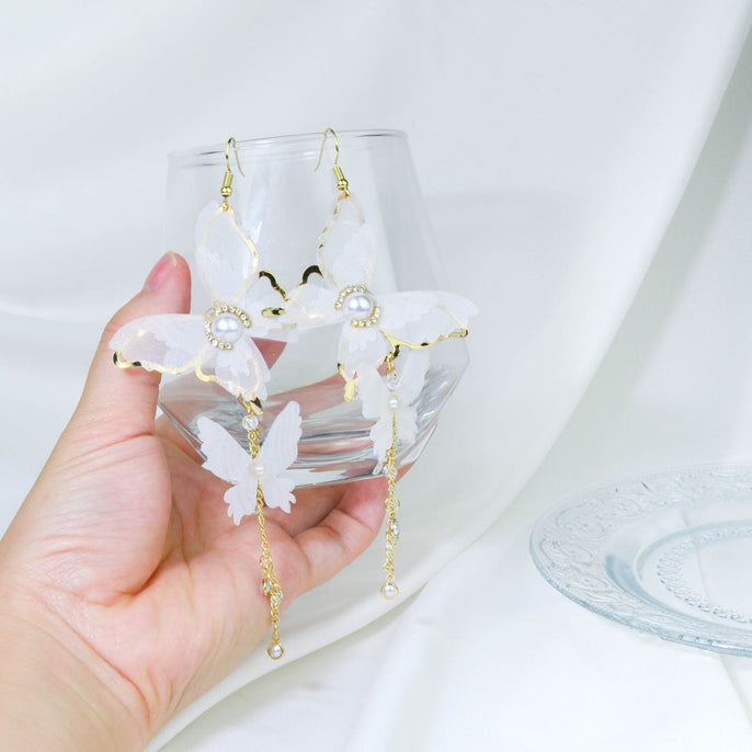 White Dangling Butterfly Earrings