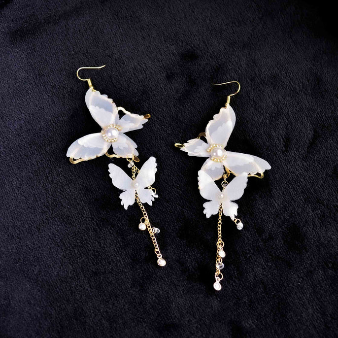 White Dangling Butterfly Earrings