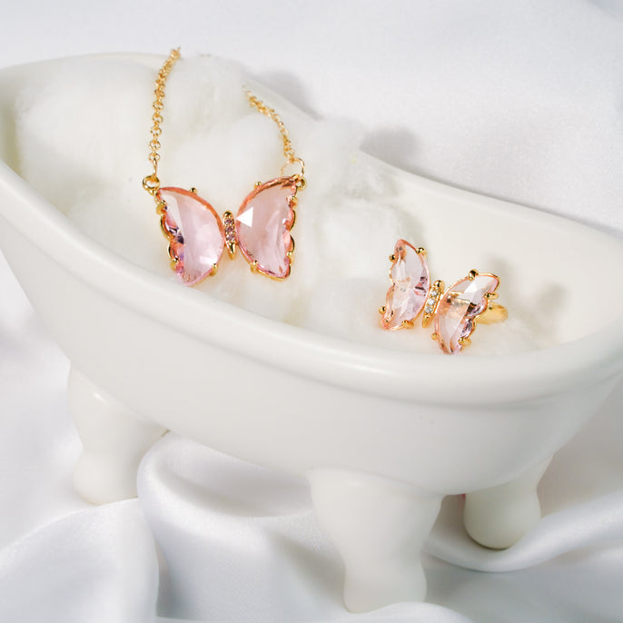 Light Pink Crystal Butterfly Necklace/Ring